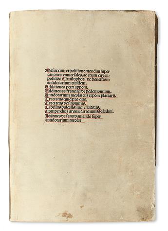 MESUË, JOANNES, the Younger.  Opera medicinalia.  1495.  Lacks 16 leaves.